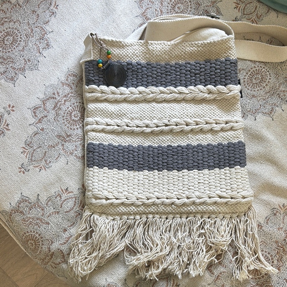 Cream and Gray Woven Shoulder Bag with Fringe